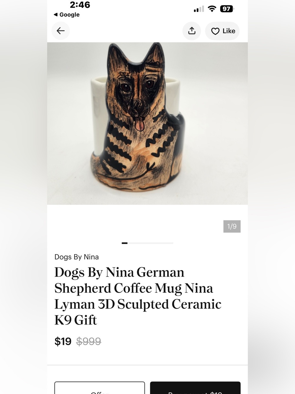 Vintage Dogs by Nina Hand Painted German Shepherd coffee mug. - Picture 5 of 7